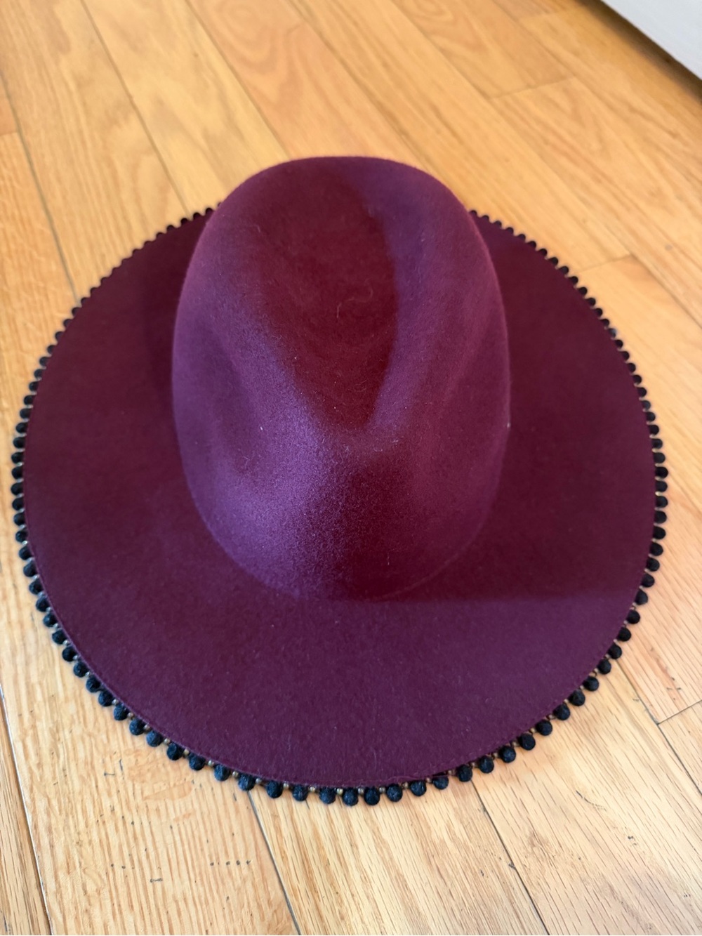 ADORA Maroon Felt Wide-Brim Hat with Pom Trim